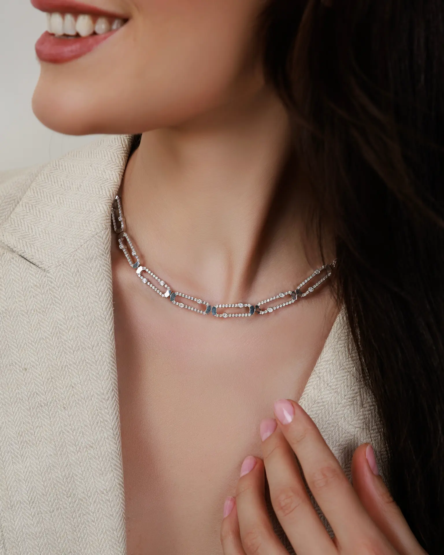Model wearing the diamond link necklace